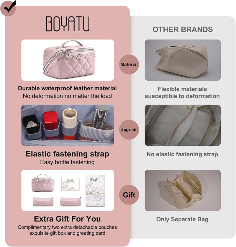 BOYATU Travel Makeup Bags for Women Cosmetic Bag: Puffy Make up Bags Set of 3 - Vegan Leather Makeup Organizer - Waterproof Large Toiletry Bag with Compartments - Travel Essentials (H-3-Pink) - Image 2